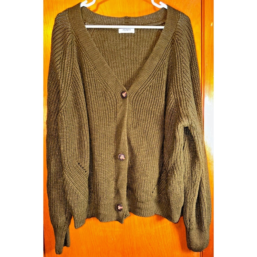 Zeagoo‎ Womens Oversized Button Down Knit Cardigan Sweater Olive Green XL